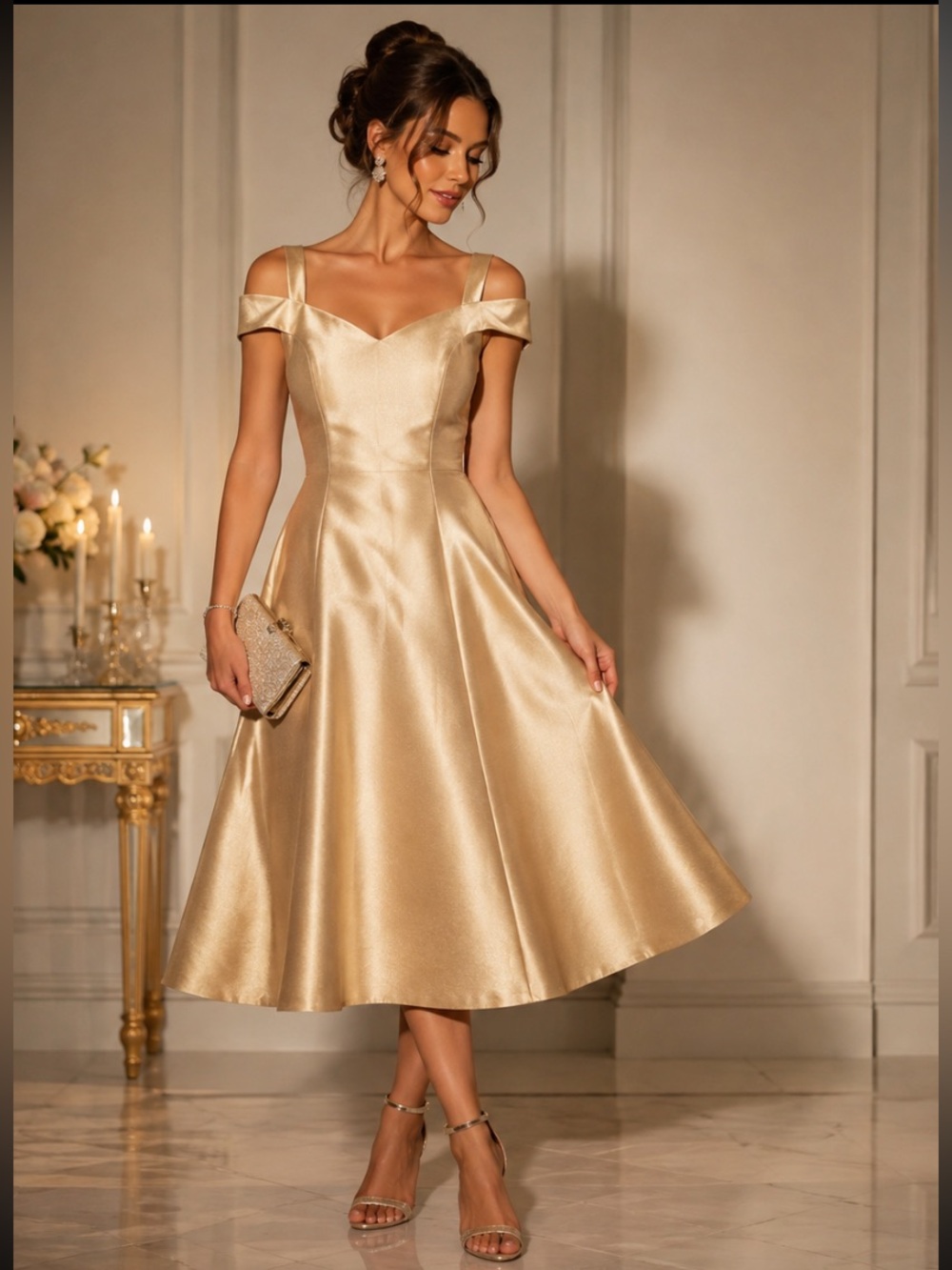 JJ's House Gold Satin Elegant Romantic Fit & Flare Midi Dress Approx. Size M